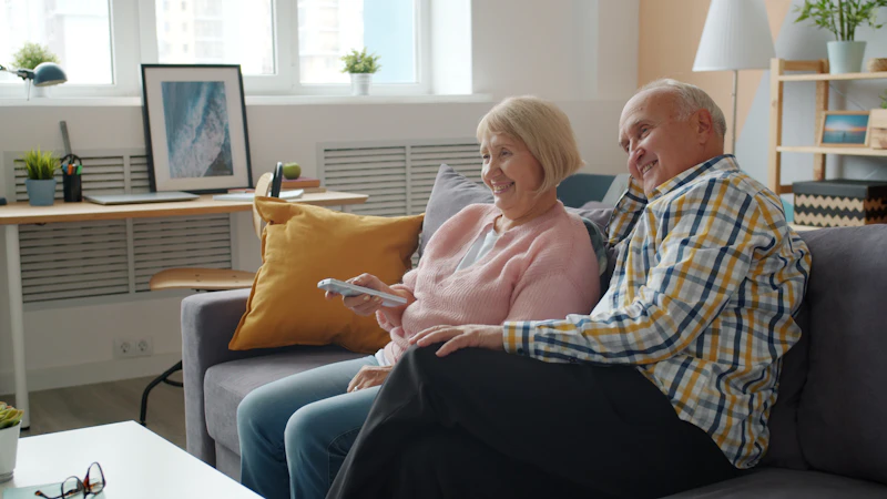 Older couple relaxing on a sofa and watching television
